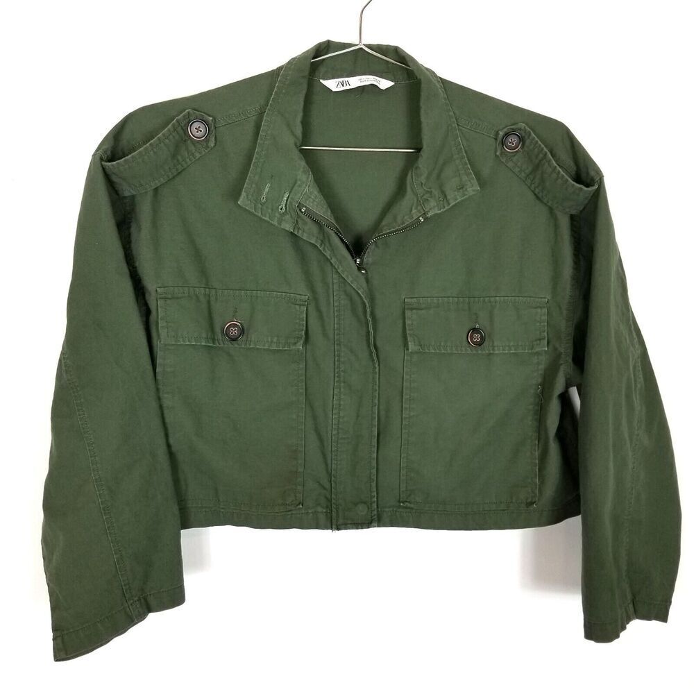 Zara Women Green Cropped Army Jacket Sz S Cotton Canvas Casual Outdoor